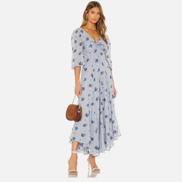 Free People Sea Glass Floral Puff Sleeve Midi Dress Blue Combo Sz 4 (S/M) - Picture 4 of 10